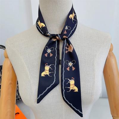 French Style Women Horse Printing Skinny Bag Scarf Luxury Twill Silk Foulard Ribbon Tie Head Scarves For Ladies