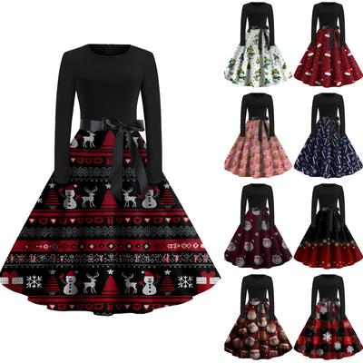 Women's Fashion Round Casual Slim Fit Christmas Print Large Swing Long Sleeve Dress