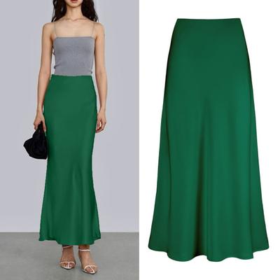 Spring Summer Maxi Skirt Women High Waist Silky Texture Long Skirt Solid Color Smooth