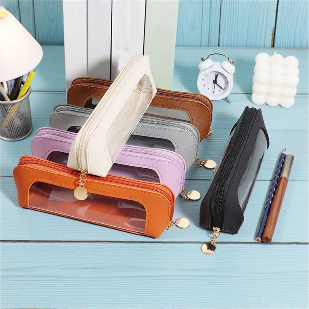 Three-dimensional Casual Transparent PU Pencil Case Casual Window Leather Pencil Case Transparent Stationery Bag