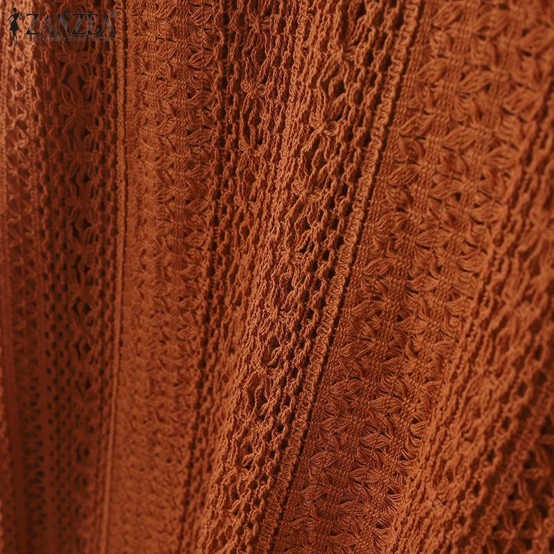 ZANZEA Elegant Ladies Round Neck Short Sleeve Collect Waist Patchwork Lace Dress