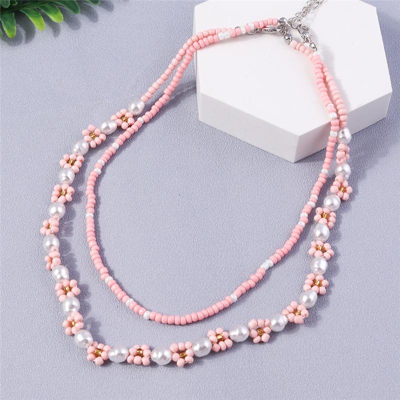 Summer Boho Korea Lovely Flowers Seeds Beaded Necklace Statement Short Collar Choker Necklace for Women Vacation Jewelry Gifts