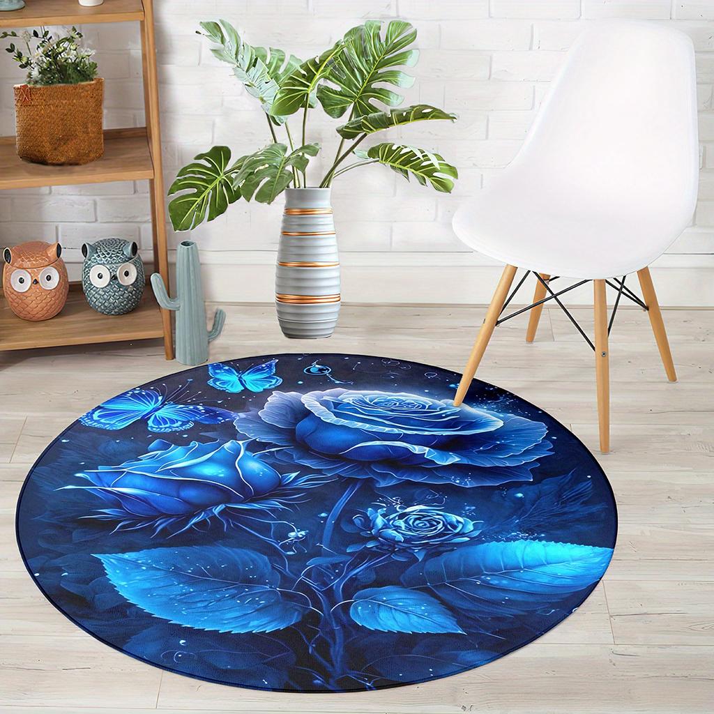 Luxuriöses Blaue-Rosen-Muster Runde Form Fußmatten Küche Flur Läufer Teppich Schlafzimmer Wohnzimmer Weicher Teppich Rutschfester Bereichsteppich