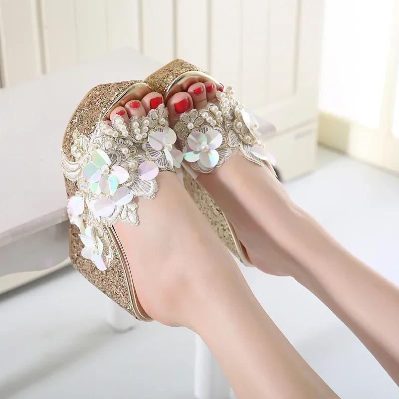 Fashion Comemore Women Fashion Silver High Heels Female Gold Shoes Slippers Footwear for Woman New Summer Flower Platform Wedges Sandals
