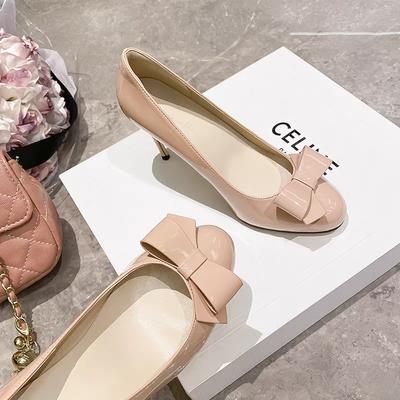 Autumn New Round Toe Shallow Bow Slip-on Anti-Slip Wear-Resistant High Heels Stiletto Single Shoes