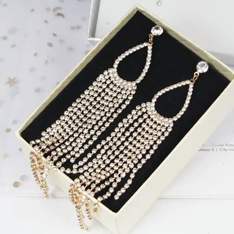 

New s silver needle earrings earrings Korean version fashion exaggerated super flash diamond temperament long fringed earrings women