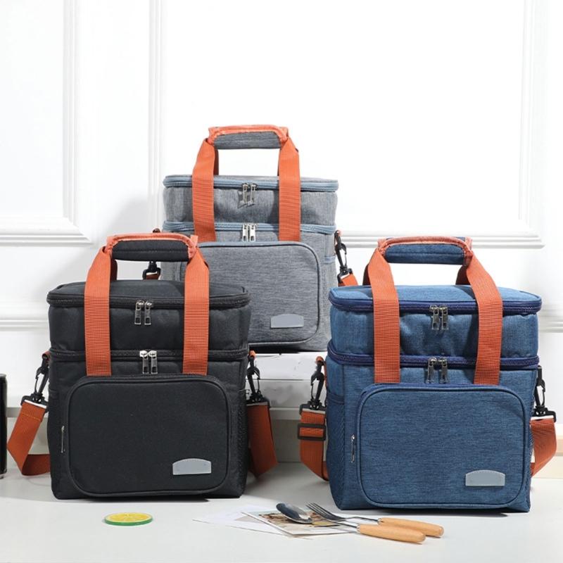 Expandable Double Deck Lunch Box Thermal Leak Proof Food Bag with Oversized Cup Pocket and Adjustable Strap