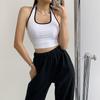 Women's Halter Neck Crop Top, Ribbed Color Block Sleeveless Tank Top