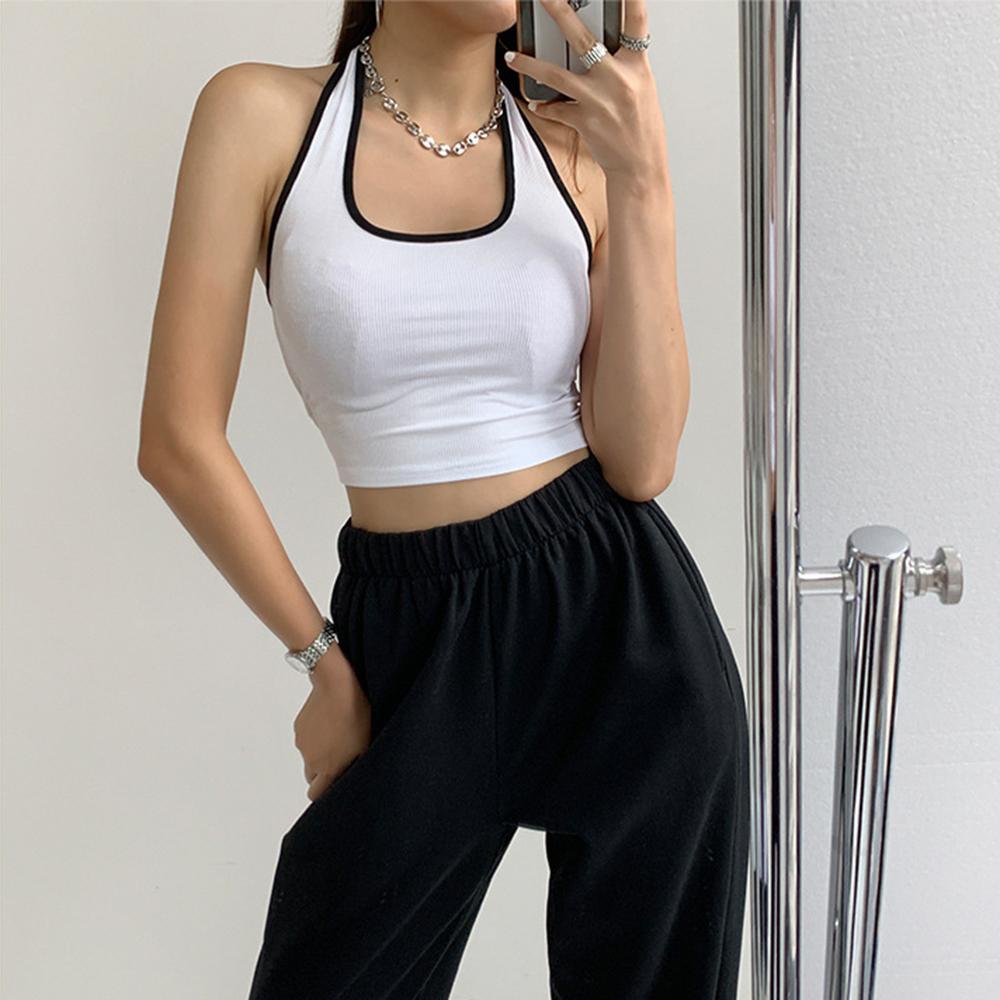 Women's Halter Neck Crop Top, Ribbed Color Block Sleeveless Tank Top