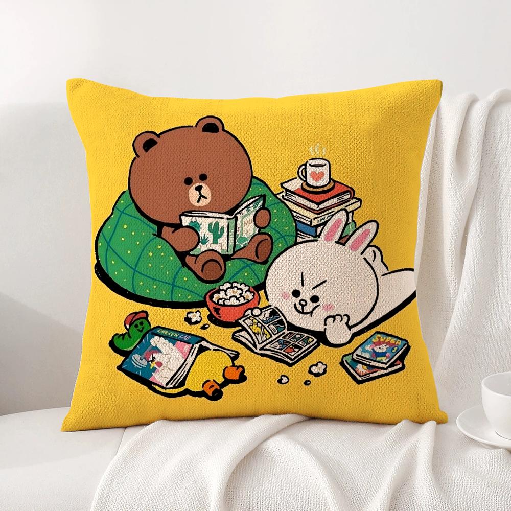 B-Brown Bear And C-Cony Cushion Cover Summer Coolness Linen Fabric Double-Sided Printing Pillow Case Sofa Home Decor Gift