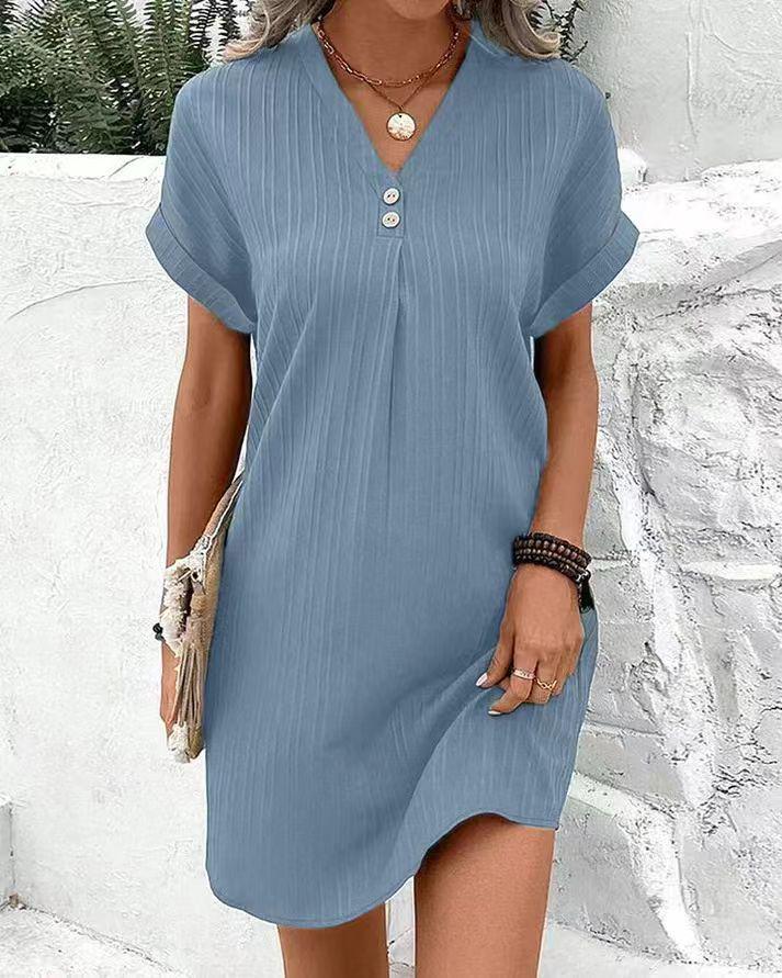 2023 V-Neck Solid Color Casual Button Dress for Women - Comfortable and Fashionable