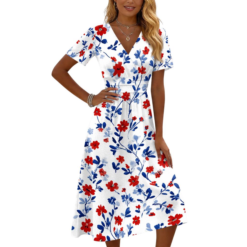 Women’s Casual Floral Print Short Sleeve V Neck Midi Dress with Elastic Waist for Everyday Wear and Comfort