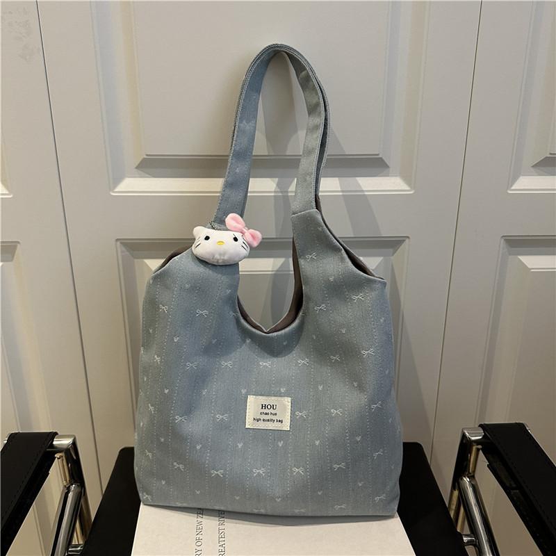 Korean Style Denim Tote Purse With Embroidered Stitching Small Capacity For Commuting