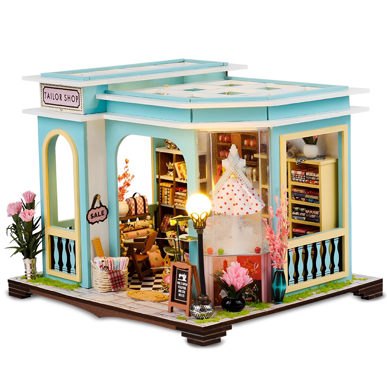 

DIY Miniature Dollhouse Kit 3D Wooden Miniature House Kit with LED Light and Furniture Miniature Tailor Shop Model Building Kits