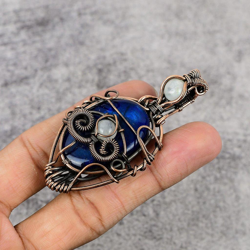 Blue Flash Labradorite & Rainbow Moonstone Pendant, 999 Copper Wire Wrapped Jewelry, Handmade Pendant Gemstone Jewelry