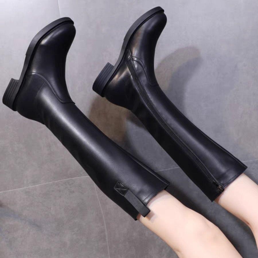 Fashion Black Middle Heel Round Toe Knee High Shaft Shoes Woman Autumn Winter Designer Luxury New in Warm Leather Long Boots for Women