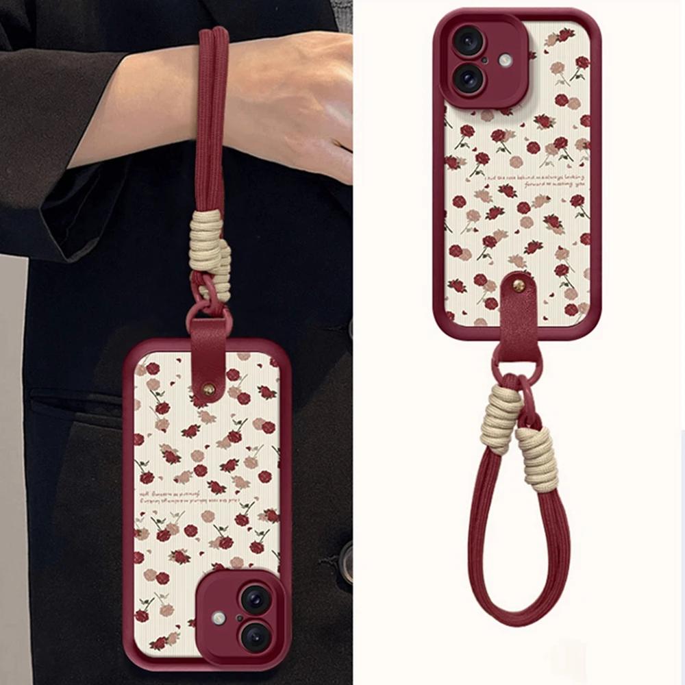 Luxury Rose Flower Strap 16 Phone Cases for iPhone 13 11 14 15 Plus 12 16 Pro Max X XR XS 15pro MAX Case Silicone Lanyard Cover