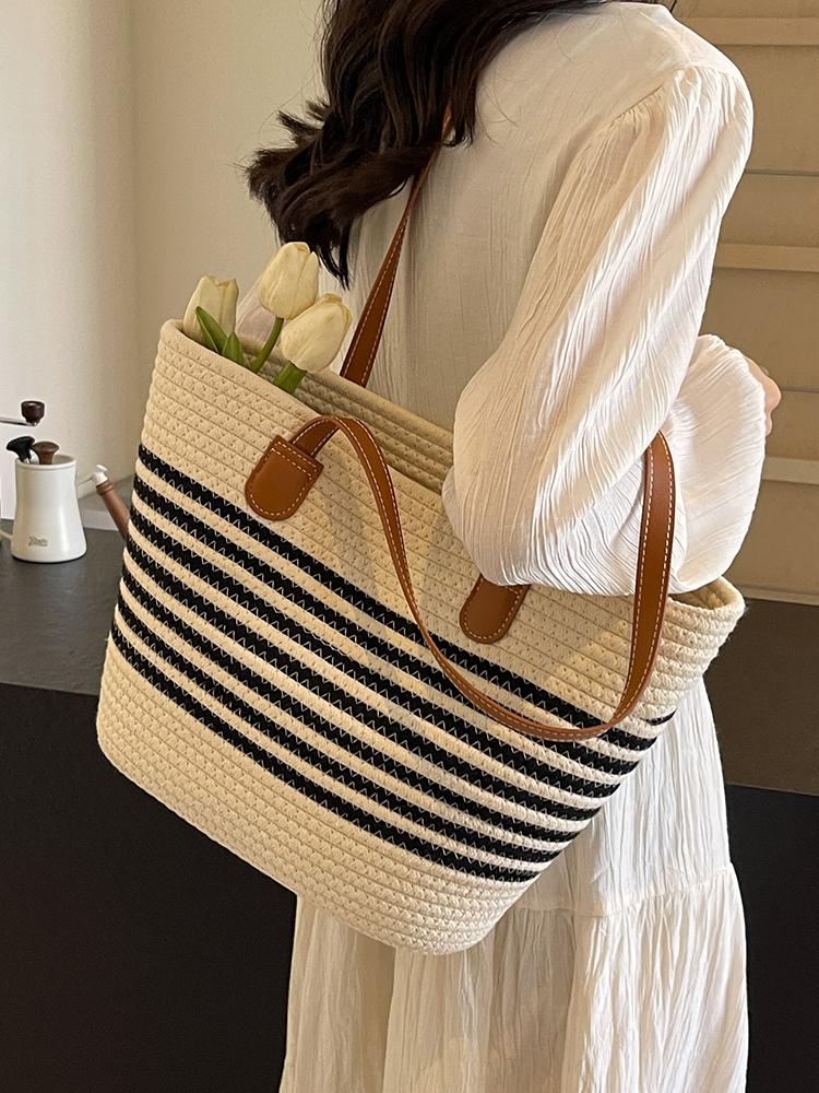 Large Capacity Straw Woven Shoulder Bags for Women Beach Vacation Ladies Handbags Casual Striped Commuter Female Bucket Tote