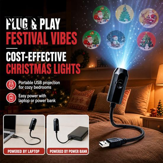 LED Projection Light USB Projector for Christmas, Flexible Gooseneck Night Lamp with 6/10/15/20 Indoor Holiday Films, Ambient Bedroom Ceiling