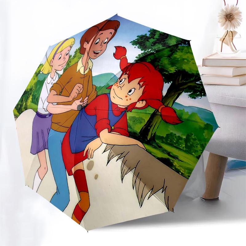 Ombrello da Viaggio a Tema Pippi Calzelunghe - 8 Stecche, Apertura e Chiusura Automatiche, Design Pieghevole Portatile, Ombrello Compatto ed Elegante Adatto
