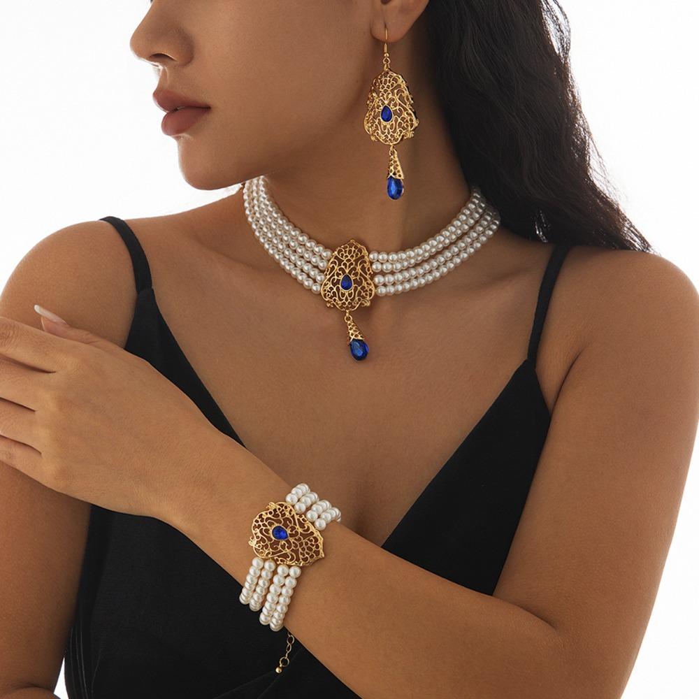 Multilayer Pearl Beaded Bracelet Shiny Necklace Earring Set Temperament Bridal Jewelry Set  Lady