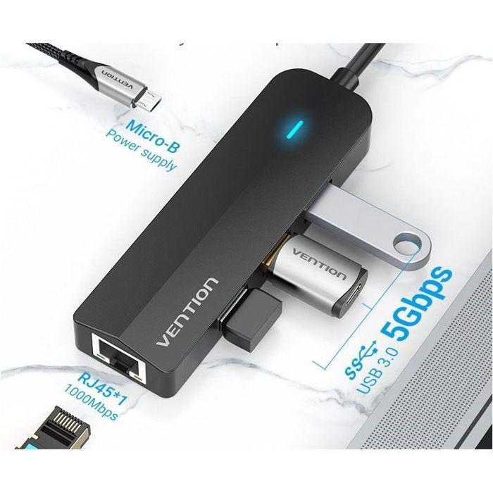 Vention 5-en-1 USB-C vers 3x USB 3.0 / Adaptateur RJ45 Gigabit Ethernet / Micro-B HUB 0.15M Noir ABS Typ
