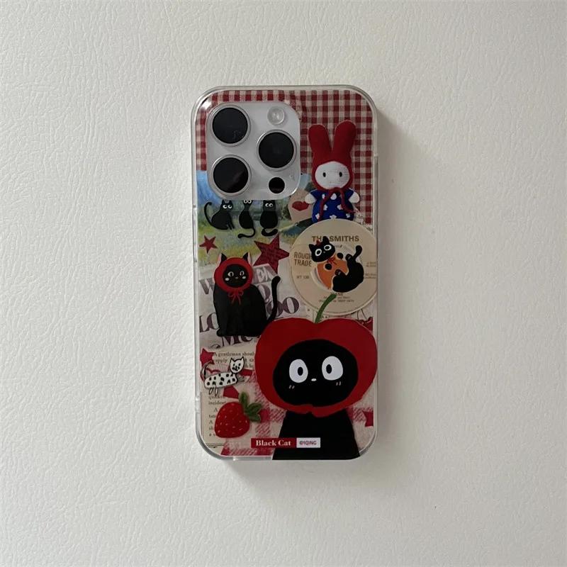 Red Apple Hat Black Cat Strawberry Fashion Retro Phone Case For iPhone 16 15 14 13 12 Pro Max Case Cute Cartoon shockproof Cover