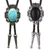 Western Cowboy Vintage Metal Flower Crown Stone Pendant Bolo Tie Braided Leather Rope Necktie Necklace Jewelry Neckwear