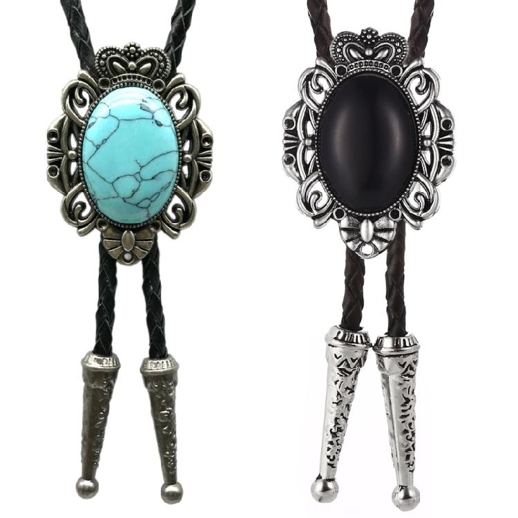 Western Cowboy Vintage Metal Flower Crown Stone Pendant Bolo Tie Braided Leather Rope Necktie Necklace Jewelry Neckwear