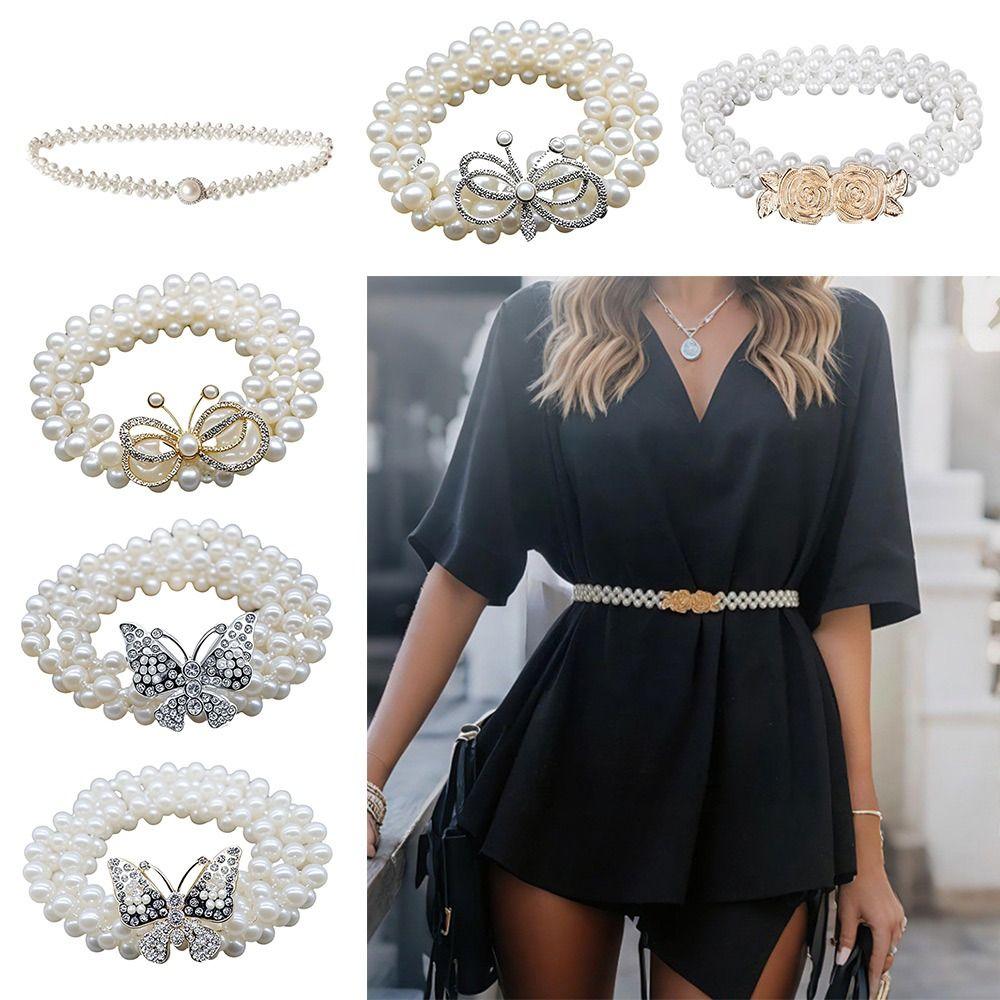 Luxury Butterfly Pearl Belt Pearls and Rhinestones Elastic Waist Bands For Women Lady Girl