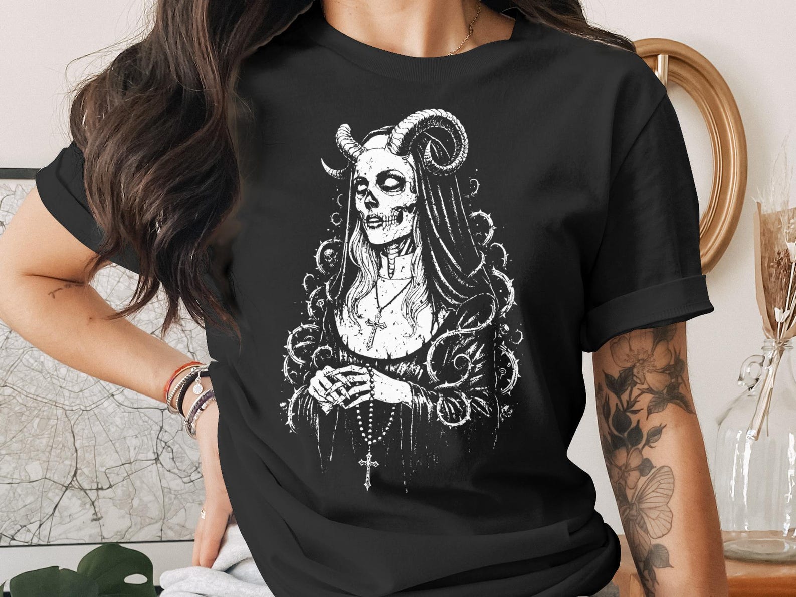 Skeletal Nun T-Shirt, Goth Horned Skull Tee, Macabre Occult Art Shirt, Dark Academia Alternative Clothing, Unique Gift 4XL
