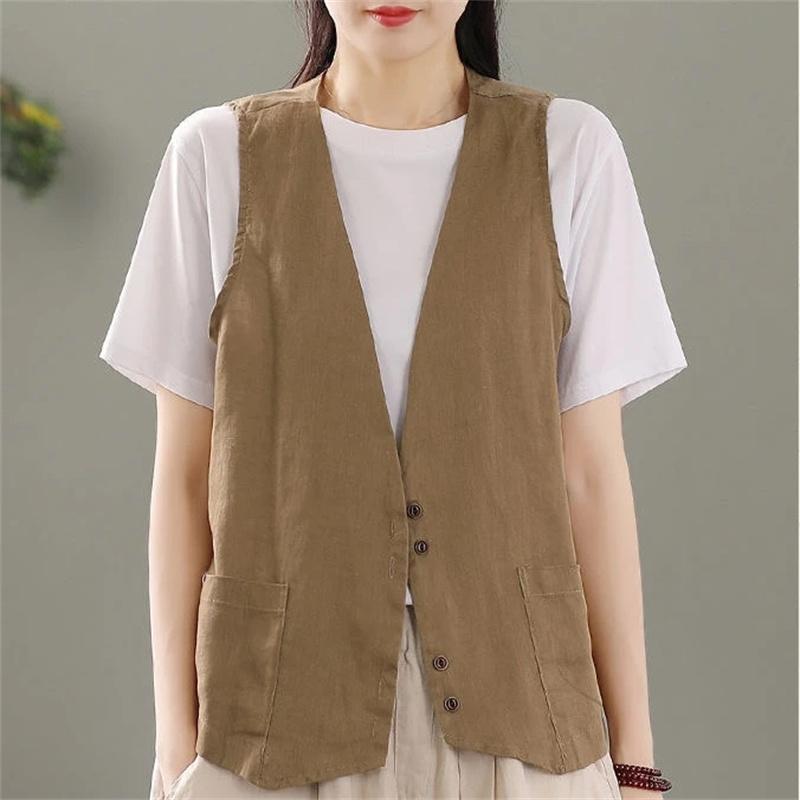 Summer Retro Cotton Vest Women's Loose Thin Versatile Sleeveless Coat Solid Color Casual Waistcoat Tops Cardigan Short Jackets