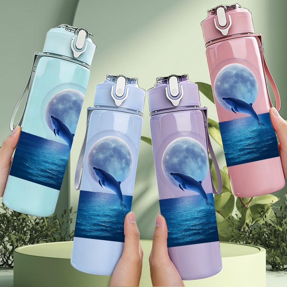 1PC Whale Moon Sea Night Scene Print 750ml Color Plastic Sports Water Bottle Leakproof Flip Straw Lid Suitable for Sports Office Home Use