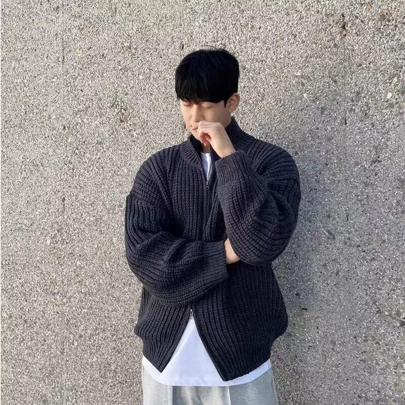 Men Stand Collar Zipper Loose Knit Cardigan Sweater Jacket
