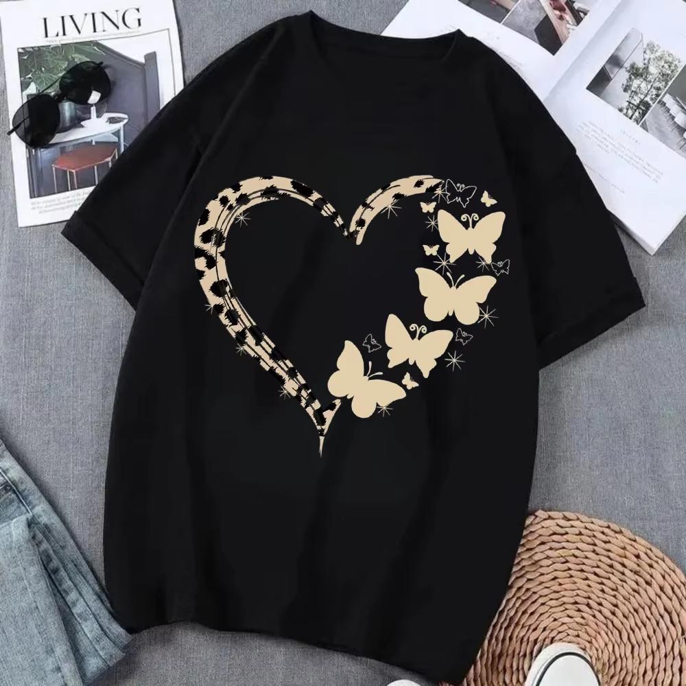 Unisex Retro Leopard Heart Tshirt Love Butterfly Graphic Crewneck Short Sleeve Casual Streetwear Valentine Trendy Daily Tee Top