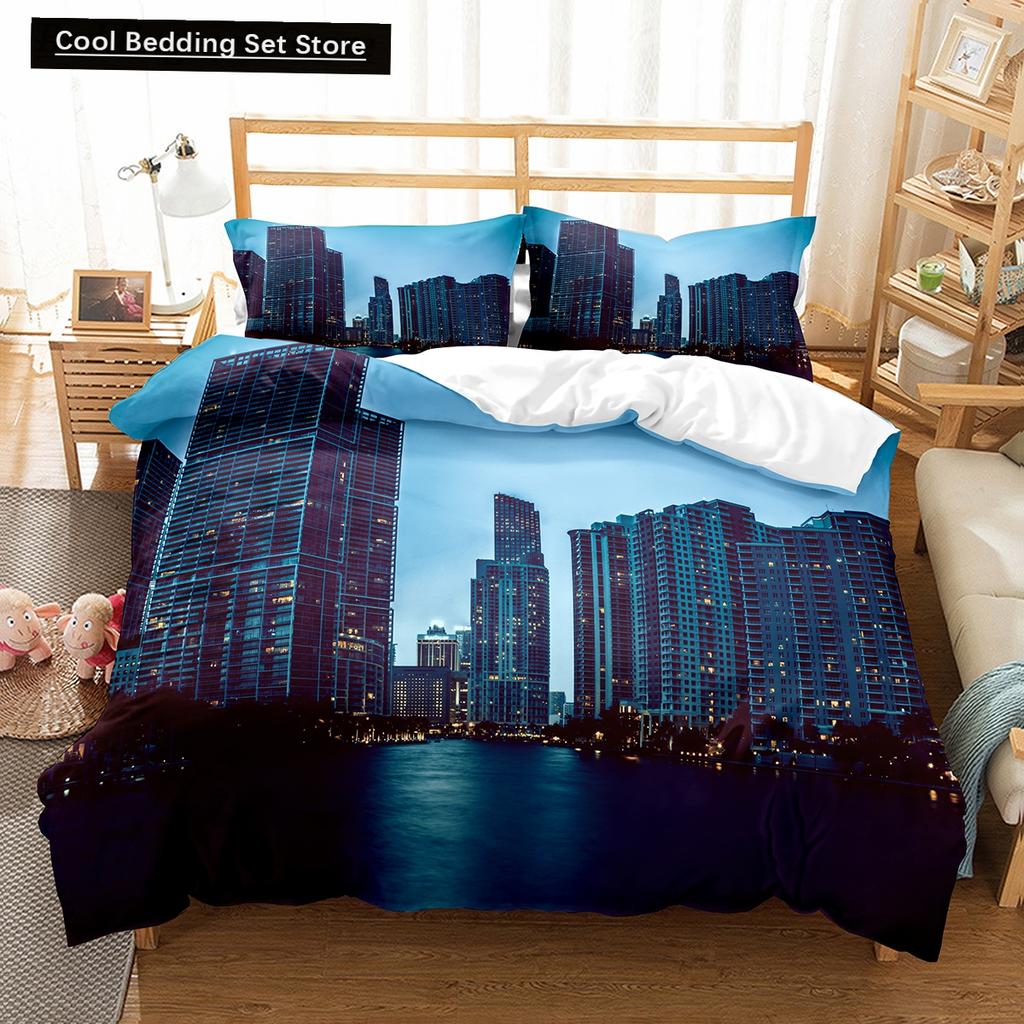 Comforter Cityscapes King Queen Tall Buildings Landscape Bedding Set Busy Traffic View Polyester Comforter