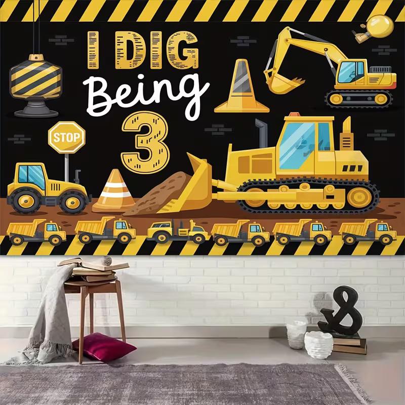 2D Toddler Birthday Background Cloth "I Dig Being 3" Construction Truck Banner for Decor