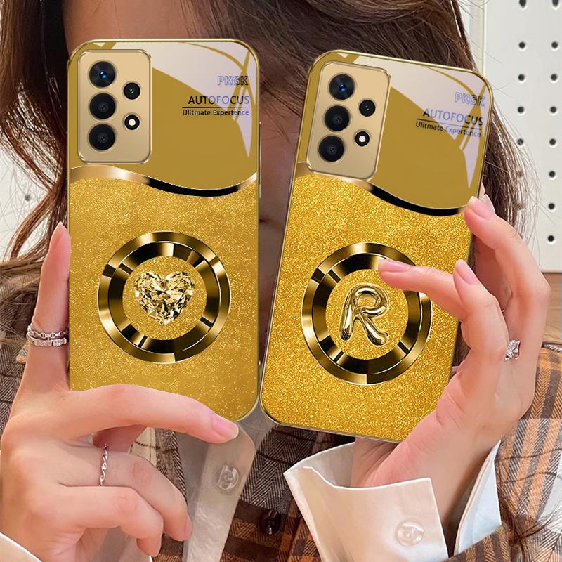 Brilliant golden ring For Samsung A 01 52S A04 A05S A10 A12 A13 22 23 24 36 42 M02 Note 10 20Ultra 8 9 Golden glass phone case