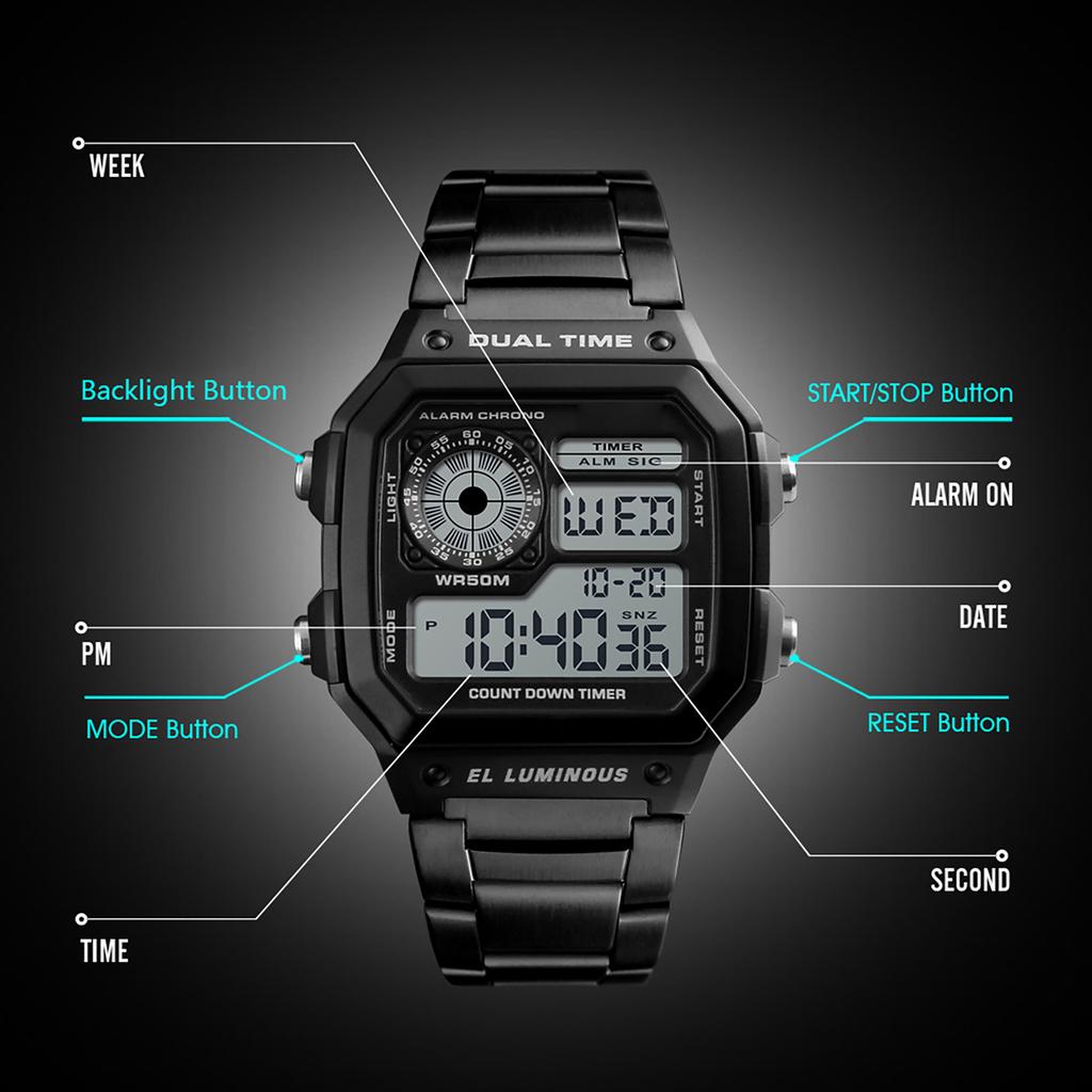  Sport Stainless Steel Men    Water-resistant Digital Backlight Man Wristwatch Male Relogio Musculino Chronograph