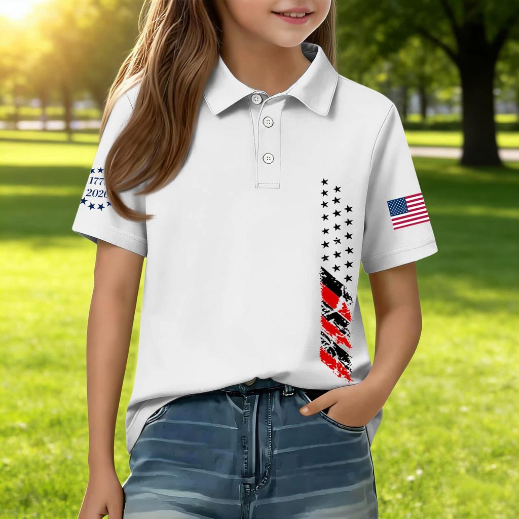 Kids Casual Short Sleeve Polo Shirt with Patriotic Flag Print Lightweight Breathable Cotton Blend Summer Tee for Boys and Girls