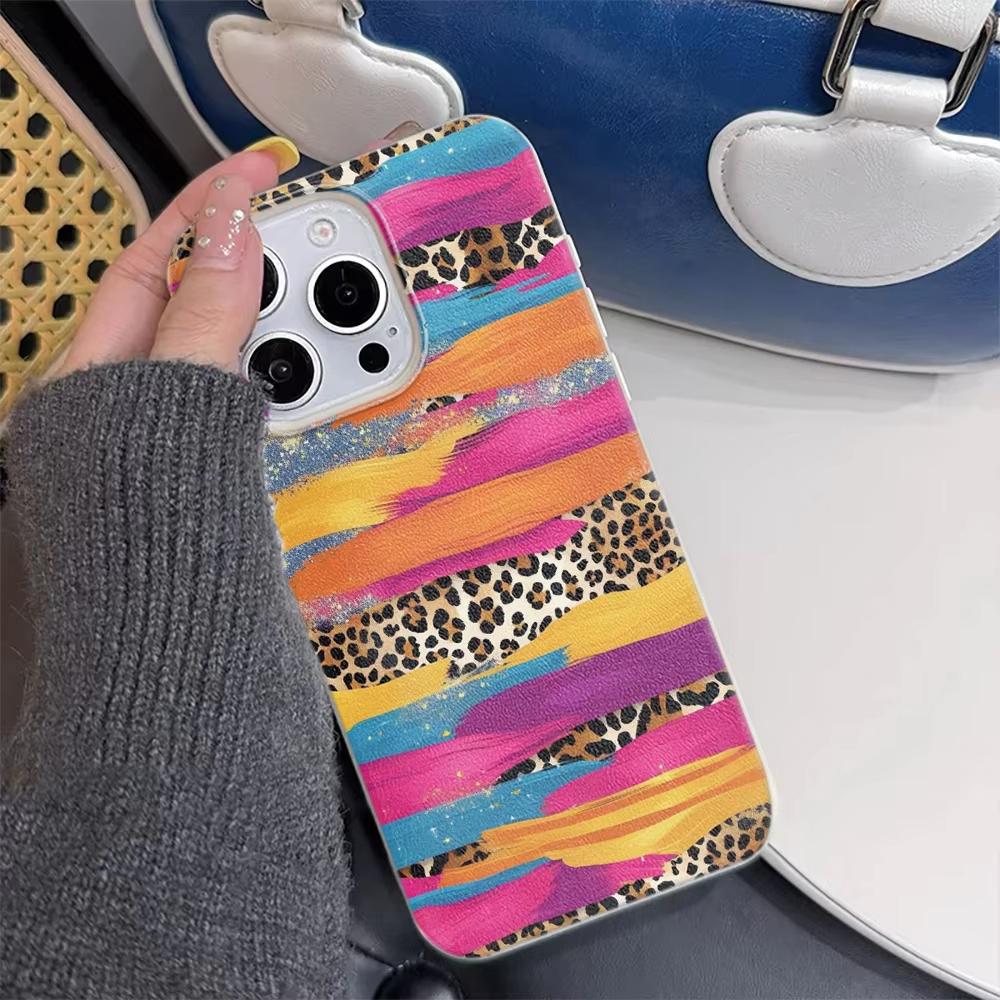 Phone Case For iPhone 17 17Air 16 15 14 13 12 11 Pro Max Colorful Pigment Leopard Print Lychee Grain Silicone Soft Cover Funda