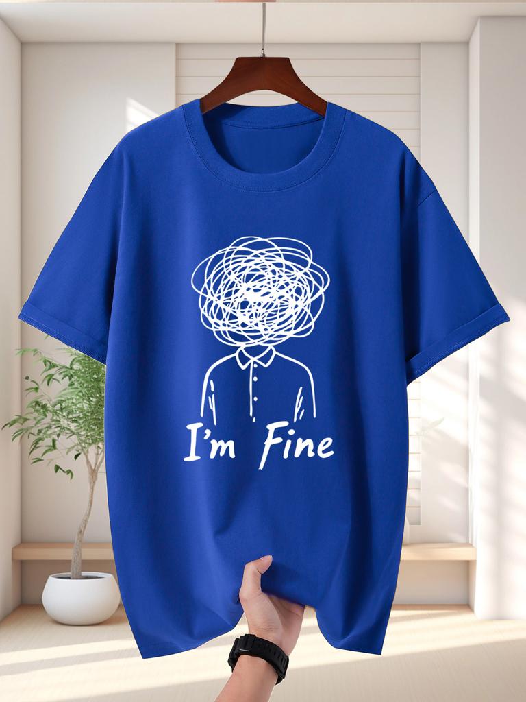 Unisex Dark Gray Tee Tangled Mind Line Art Im Fine Letter Print Crew Neck Short Sleeve Summer Casual Male Cotton Street Daily Top