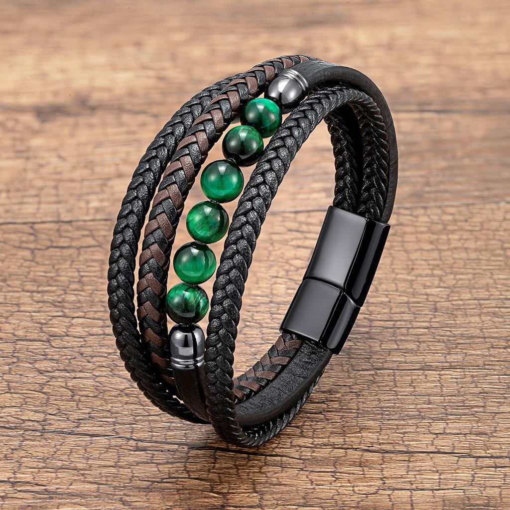 2026 European and American Buckle Fashion Jewelry Multi-layer Leather Rope Hand-woven Bracelet Stone Bracelet