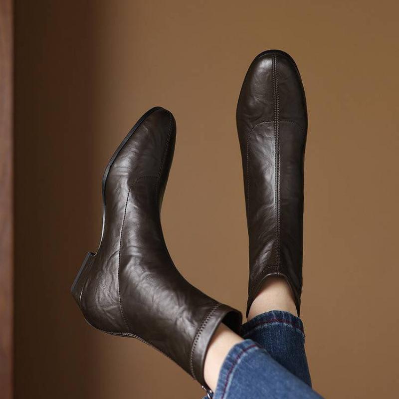 Autumn and winter solid color leather medium boots rear zipper middle heel square head beef tendon soft sole new women's large size fashion boots