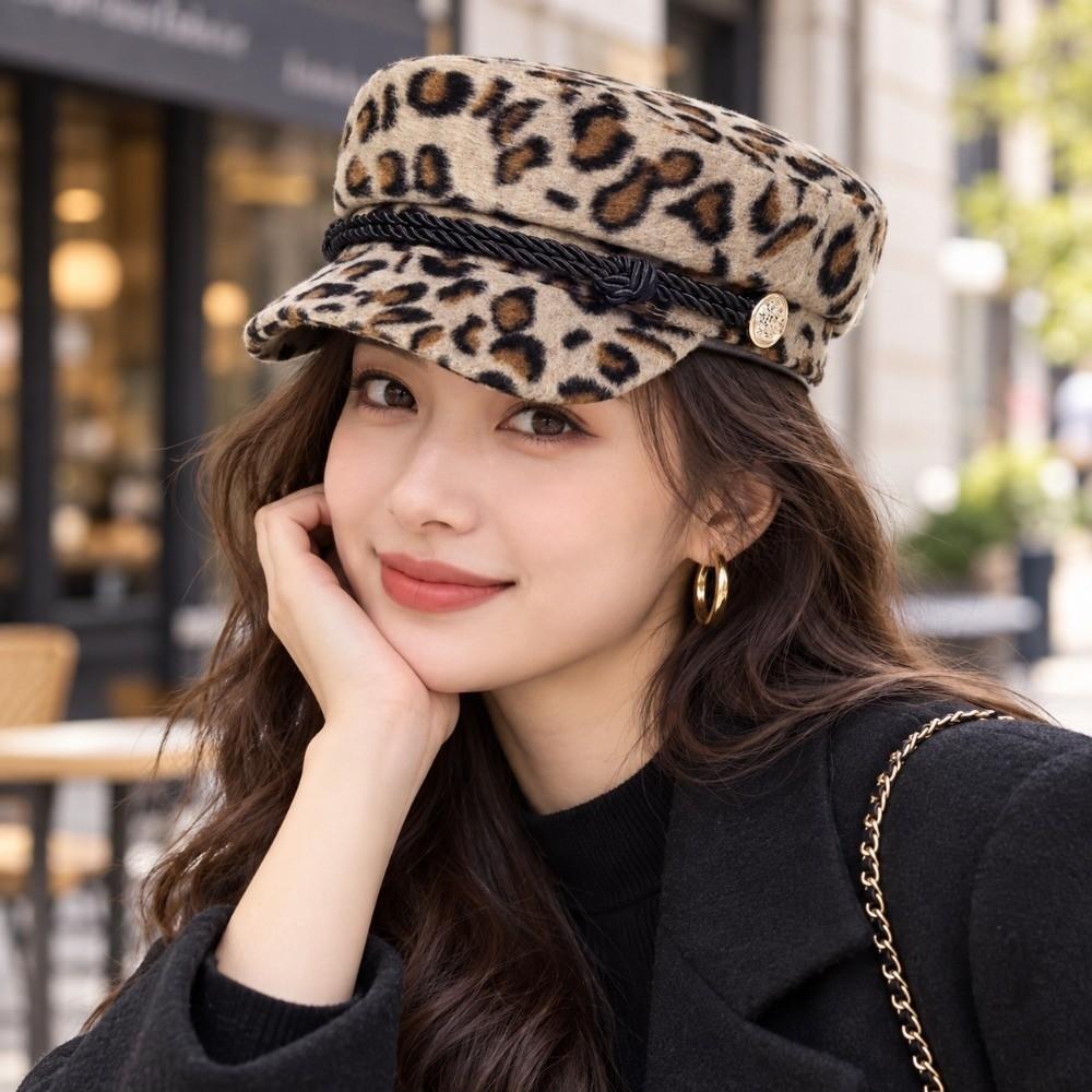 Decorative Button Flat Top Hat Vintage Style Leopard Print Cap Casual Newsboy Beret Hat Party