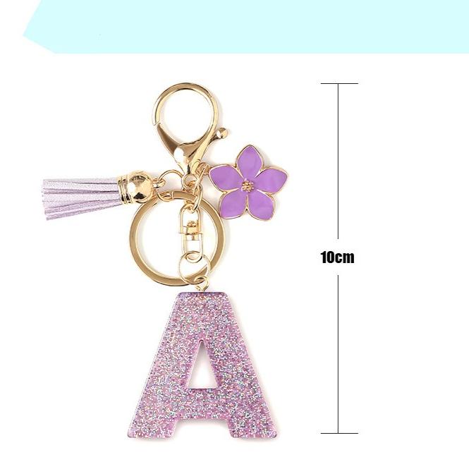 Flash Powder 26 English letters, diy, Resin keychain, purple flower, pendant, bag pendant, keychain, Christmas gift, Stocking stuffers