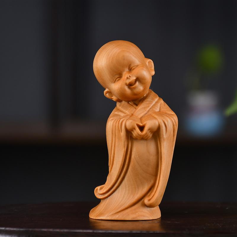 

Solid wood carving young Buddhist monk sculptures and figurines Cute Home Room car Office Table decoration and accessories