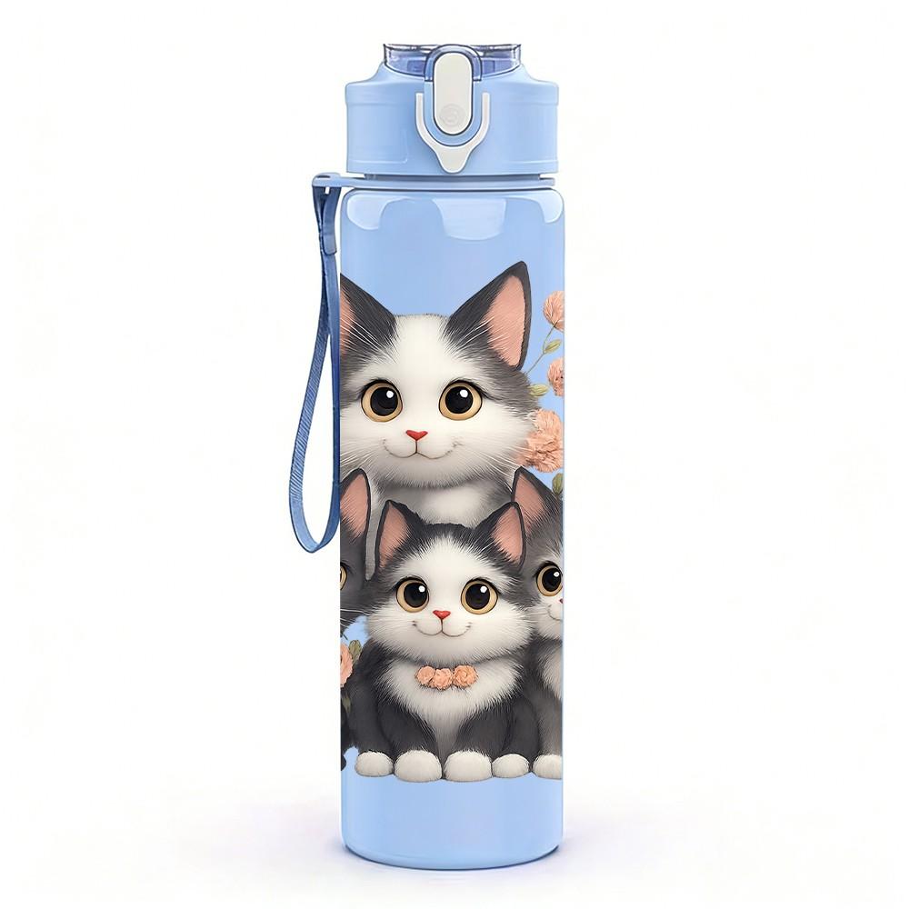 1PC Family Kitten Group Pattern 750ml Color Plastic Sports Water Bottle Leakproof Flip Straw Lid Suitable for Sports Office Home Use