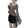 Yousheng Women Tops V-Neck Flared Long Sleeve Slim Fit Tee Shirt Solid Color Ruffle Stitching Tops with Irregular Hem Hole Design T-Shirt