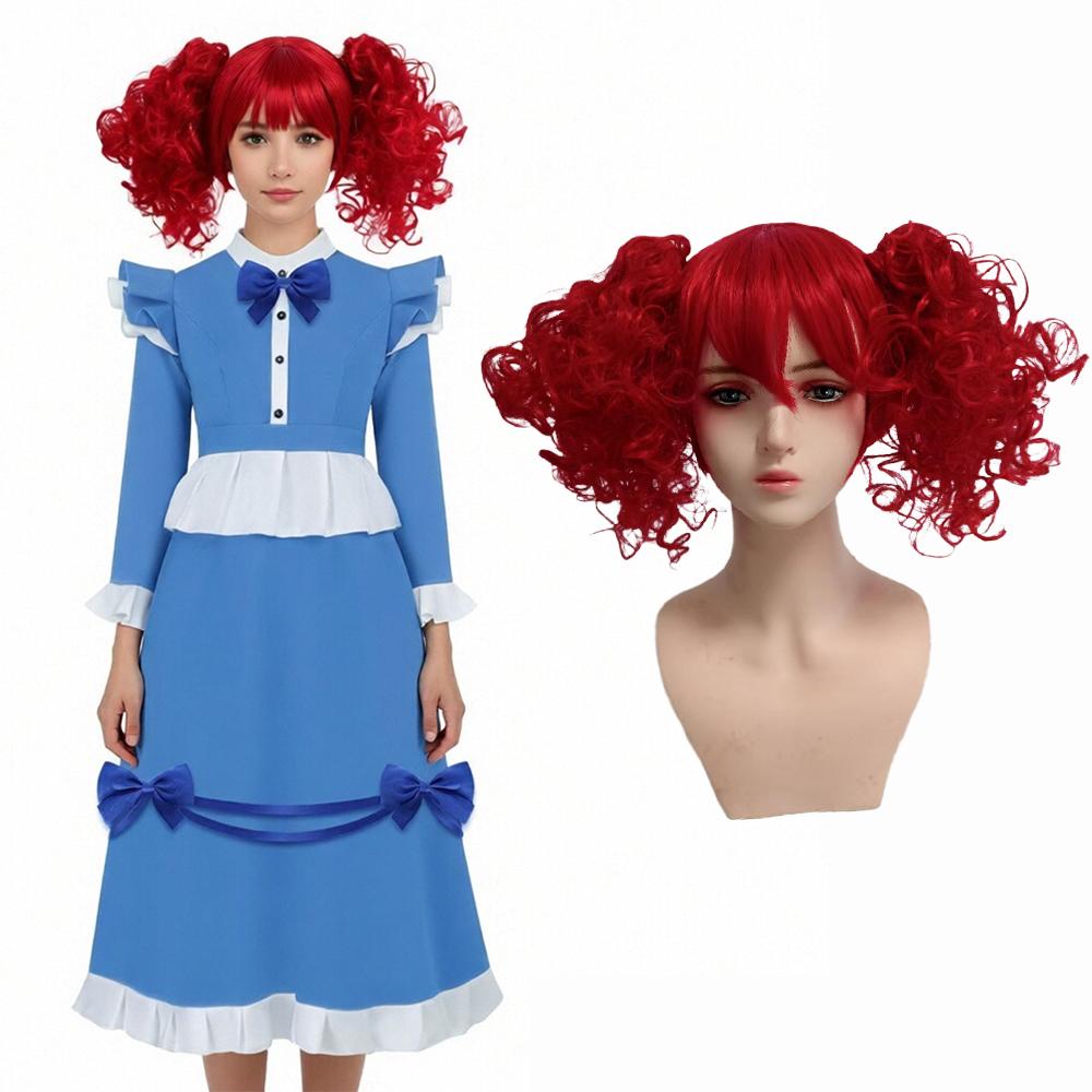 Maid Dress Blue And White Ruffled Bow Long Lolita Dress Red Double Ponytail Curly Wig Cosplay Halloween-themed Party Costume